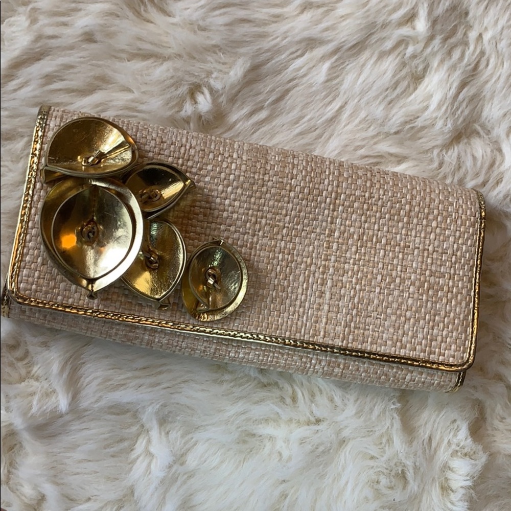 Cole Haan clutch straw look w/  gold leather Lilly